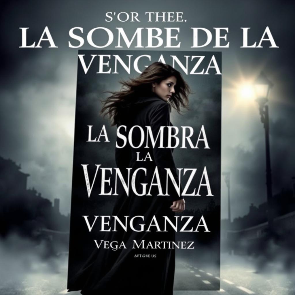 A captivating book cover design for 'LA SOMBRA DE LA VENGANZA' by Vega Martinez, featuring a young woman in the center, embodying a sense of strength and mystery