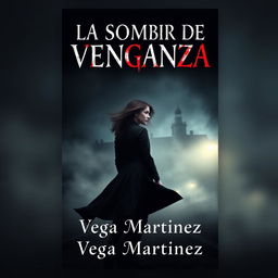 A captivating book cover design for 'LA SOMBRA DE LA VENGANZA' by Vega Martinez, featuring a young woman in the center, embodying a sense of strength and mystery