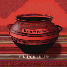 A high-quality digital art illustration of an earthen pot with the word 'Ramande' etched on it, placed on a table covered with a vibrant red and black cloth