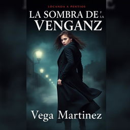 A captivating book cover design for 'LA SOMBRA DE LA VENGANZA' by Vega Martinez, featuring a young woman in the center, embodying a sense of strength and mystery