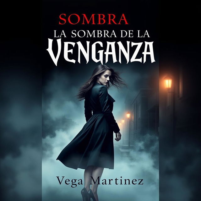 A captivating book cover design for 'LA SOMBRA DE LA VENGANZA' by Vega Martinez, featuring a young woman in the center, embodying a sense of strength and mystery