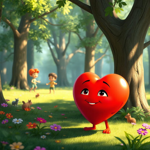 An animated cartoon scene depicting a personified heart character, vibrant and cheerful, standing in a lush forest