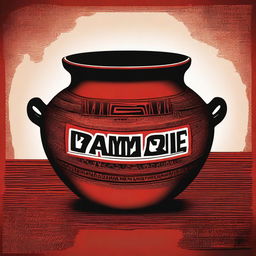 A high-quality digital art illustration of an earthen pot with the word 'Ramande' etched on it, placed on a table covered with a vibrant red and black cloth