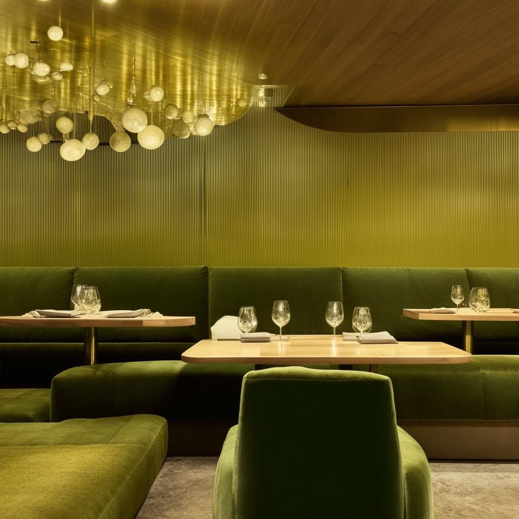 A modern restaurant interior featuring plush green sofas, sleek wooden tables, and refined golden details that add a touch of luxury.