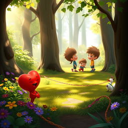 An animated cartoon scene depicting a personified heart character, vibrant and cheerful, standing in a lush forest