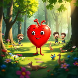 An animated cartoon scene depicting a personified heart character, vibrant and cheerful, standing in a lush forest