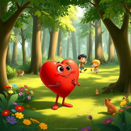 An animated cartoon scene depicting a personified heart character, vibrant and cheerful, standing in a lush forest
