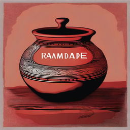 A high-quality digital art illustration of an earthen pot with the word 'Ramande' etched on it, placed on a table covered with a vibrant red and black cloth