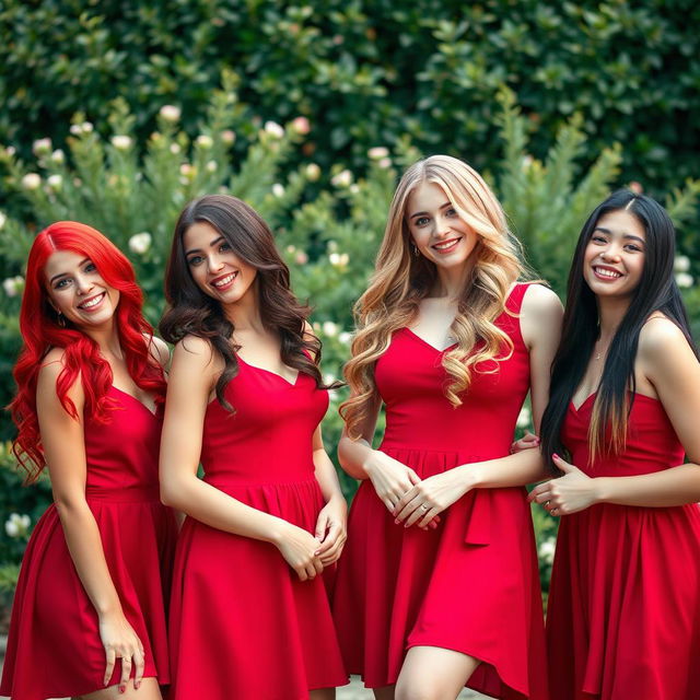 Four stunning girls, each showcasing a unique hair color: one with bright red hair, another with rich brunette locks, the third with golden blonde tresses, and the last with sleek black hair