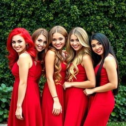 Four stunning girls, each showcasing a unique hair color: one with bright red hair, another with rich brunette locks, the third with golden blonde tresses, and the last with sleek black hair