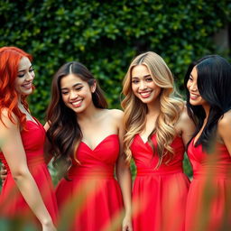 Four stunning girls, each showcasing a unique hair color: one with bright red hair, another with rich brunette locks, the third with golden blonde tresses, and the last with sleek black hair