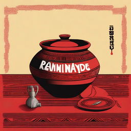 A high-quality digital art illustration of an earthen pot with the word 'Ramande' etched on it, placed on a table covered with a vibrant red and black cloth