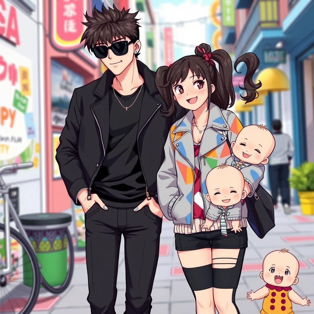 An anime-style illustration of a young man and woman in their late 20s standing together