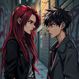 A very dark red-haired girl and a black-haired boy, both around 17 years old, intensely staring at each other with expressions of hatred