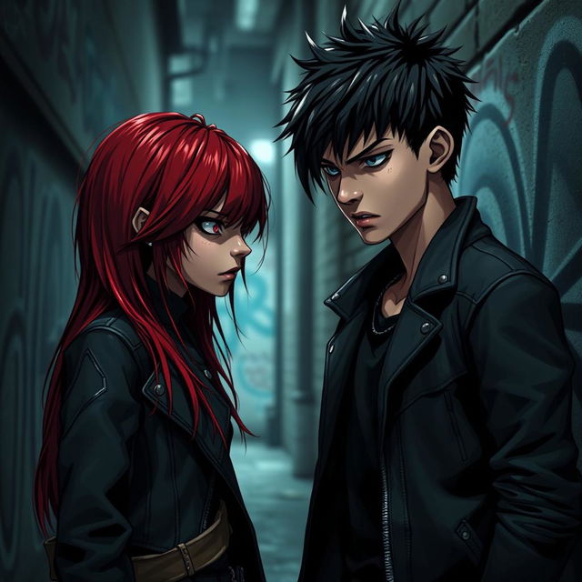 A very dark red-haired girl and a black-haired boy, both around 17 years old, intensely staring at each other with expressions of hatred