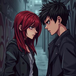 A very dark red-haired girl and a black-haired boy, both around 17 years old, intensely staring at each other with expressions of hatred