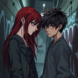 A very dark red-haired girl and a black-haired boy, both around 17 years old, intensely staring at each other with expressions of hatred