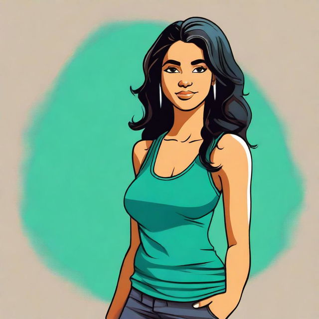 High-quality digital art of a confident Latina woman with warm brown skin