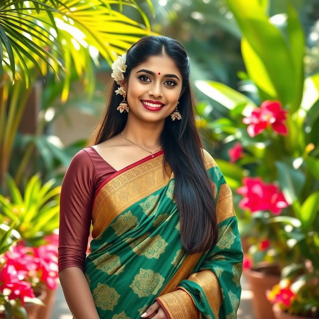 A sexy Kerala aunty dressed in a traditional saree, showcasing vibrant colors such as deep green and gold, with intricate patterns