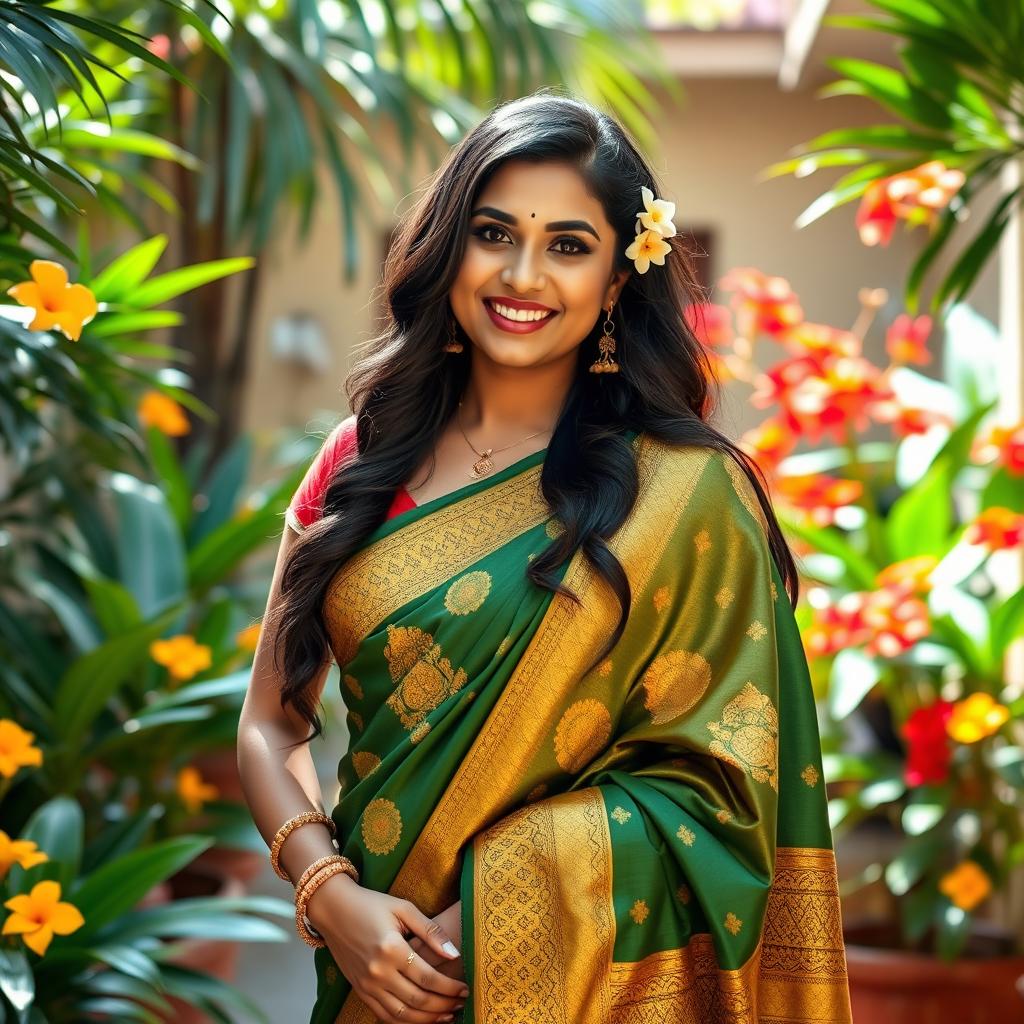 A sexy Kerala aunty dressed in a traditional saree, showcasing vibrant colors such as deep green and gold, with intricate patterns