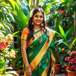 A sexy Kerala aunty dressed in a traditional saree, showcasing vibrant colors such as deep green and gold, with intricate patterns