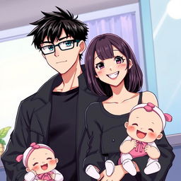 A scene depicting a young man and woman in their late 20s, standing together in a stylish pose