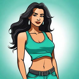 High-quality digital art of a confident Latina woman with warm brown skin