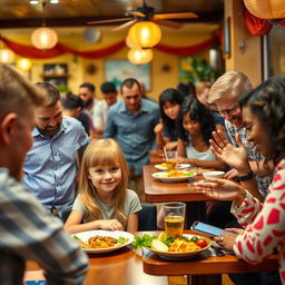 A lively restaurant scene where a group of diverse people are bowing to a young strawberry blonde girl sitting at a table, enjoying her meal