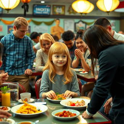 A lively restaurant scene where a group of diverse people are bowing to a young strawberry blonde girl sitting at a table, enjoying her meal