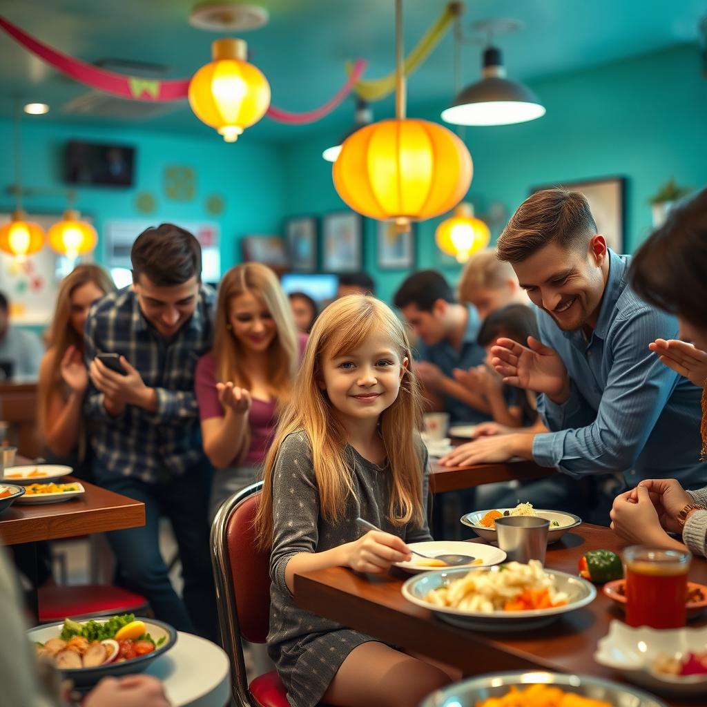 A lively restaurant scene where a group of diverse people are bowing to a young strawberry blonde girl sitting at a table, enjoying her meal
