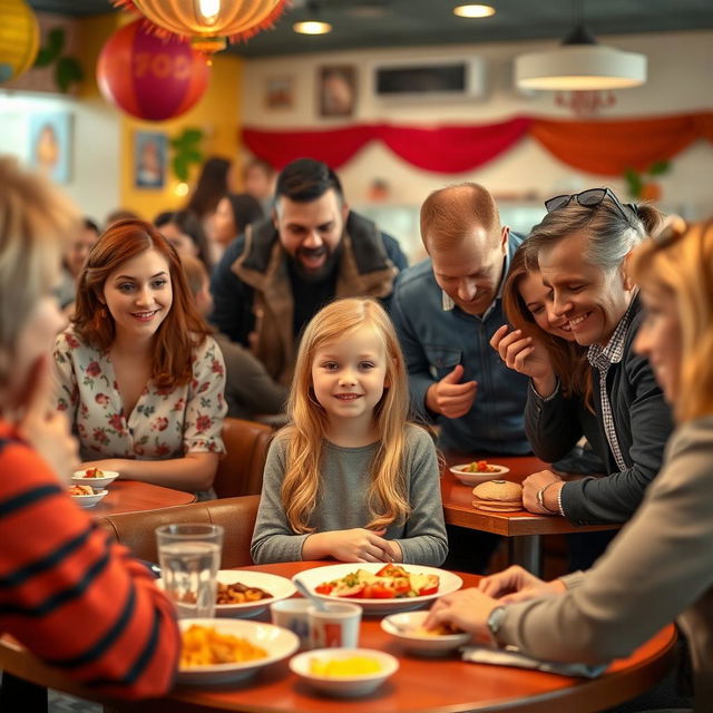 A lively restaurant scene where a group of diverse people are bowing to a young strawberry blonde girl sitting at a table, enjoying her meal