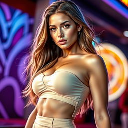 A stunning young woman with alluring features, wearing a stylish and form-fitting outfit that accentuates her curves