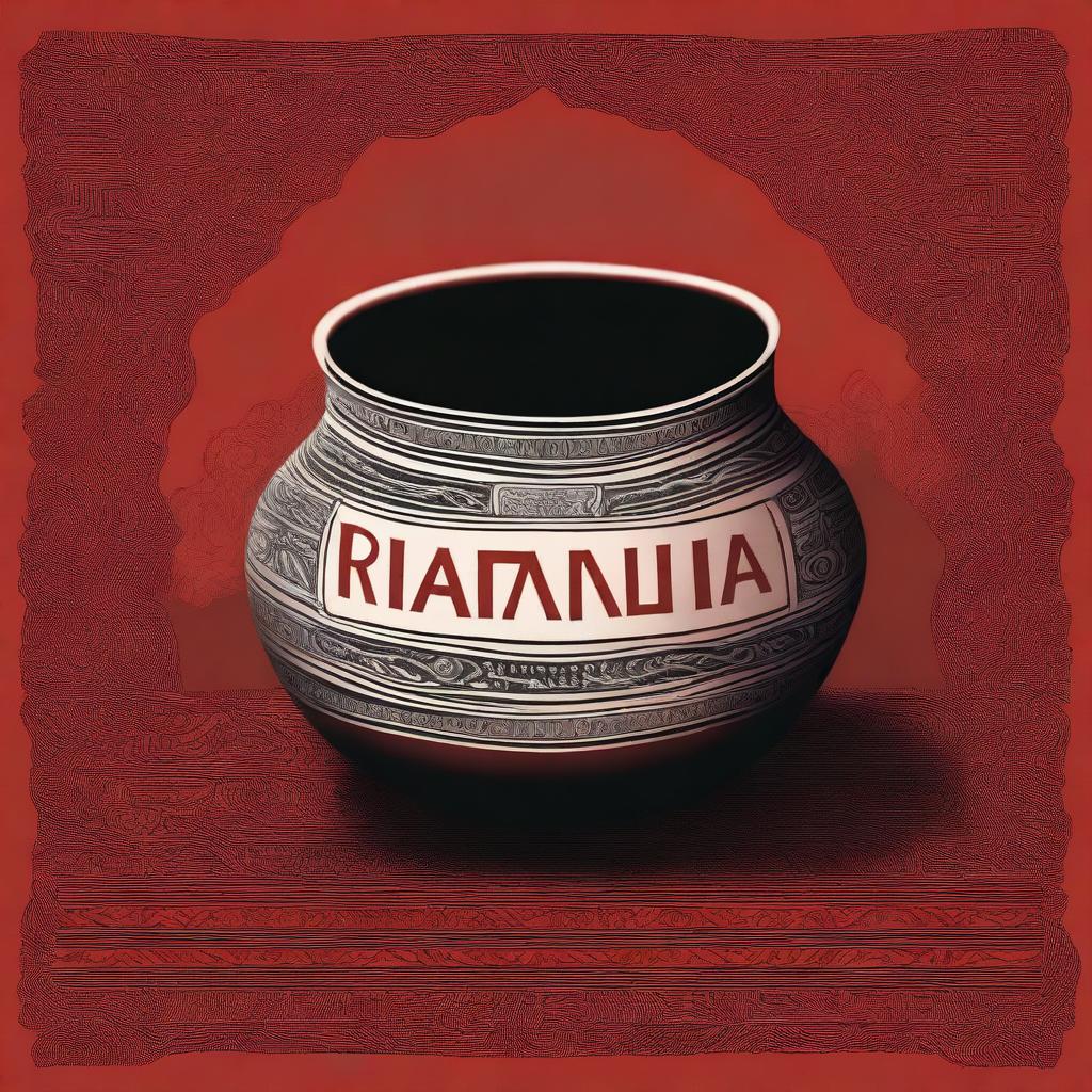 A high-quality digital art illustration of a pot with the word 'Ramande' etched on it, placed on a table covered with a vibrant red and black cloth