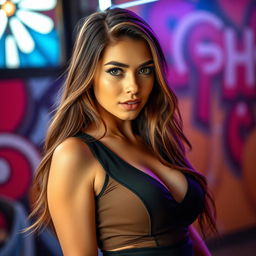 A stunning young woman with alluring features, wearing a stylish and form-fitting outfit that accentuates her curves