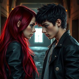 A very dark red-haired girl and a black-haired boy, both around 17 years old, locked in a fierce gaze of hatred as they stare at each other
