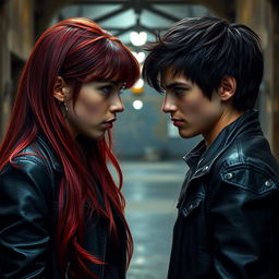 A very dark red-haired girl and a black-haired boy, both around 17 years old, locked in a fierce gaze of hatred as they stare at each other
