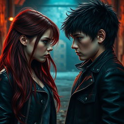 A very dark red-haired girl and a black-haired boy, both around 17 years old, locked in a fierce gaze of hatred as they stare at each other