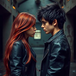A very dark red-haired girl and a black-haired boy, both around 17 years old, locked in a fierce gaze of hatred as they stare at each other