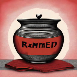 A high-quality digital art illustration of a pot with the word 'Ramande' etched on it, placed on a table covered with a vibrant red and black cloth