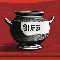 A high-quality digital art illustration of a pot with the word 'Ramande' etched on it, placed on a table covered with a vibrant red and black cloth