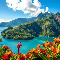 A breathtaking view of Kalayaan, featuring stunning natural landscapes with lush greenery, clear blue skies, and tranquil waters