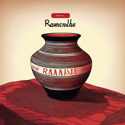 A high-quality digital art illustration of a pot with the word 'Ramande' etched on it, placed on a table covered with a vibrant red and black cloth