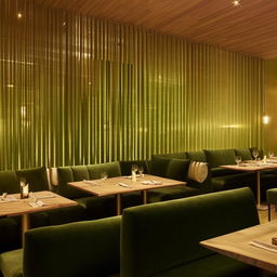 A modern restaurant interior featuring plush green sofas, sleek wooden tables, and refined golden details that add a touch of luxury.