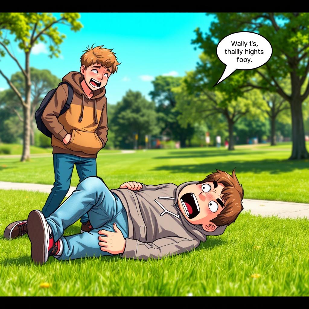 A comic scene capturing the moment when Charlie, a young man wearing a hoodie and jeans, falls to the ground with a surprised expression