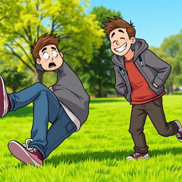 A comic scene capturing the moment when Charlie, a young man wearing a hoodie and jeans, falls to the ground with a surprised expression