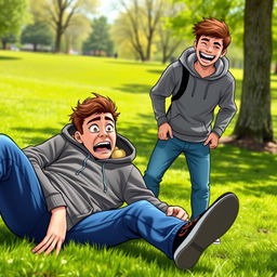 A comic scene capturing the moment when Charlie, a young man wearing a hoodie and jeans, falls to the ground with a surprised expression