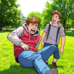 A comic scene capturing the moment when Charlie, a young man wearing a hoodie and jeans, falls to the ground with a surprised expression