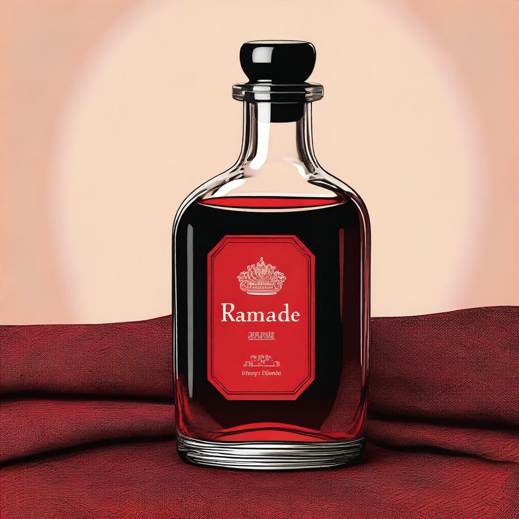 A high-quality digital art illustration of a clear glass bottle with the word 'Ramande' engraved on it, placed on a table covered with a vibrant red and black cloth