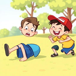 A cartoon-style illustration of two 8-year-old boys in a playful outdoor setting