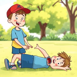 A cartoon-style illustration of two 8-year-old boys in a playful outdoor setting